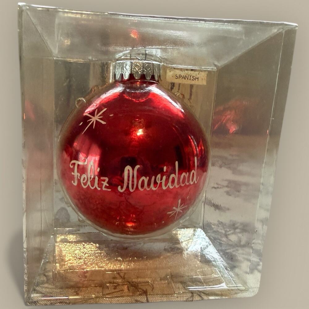 Vintage Bronner's Austria Glass Christmas Ornament Red Feliz Navidad Script